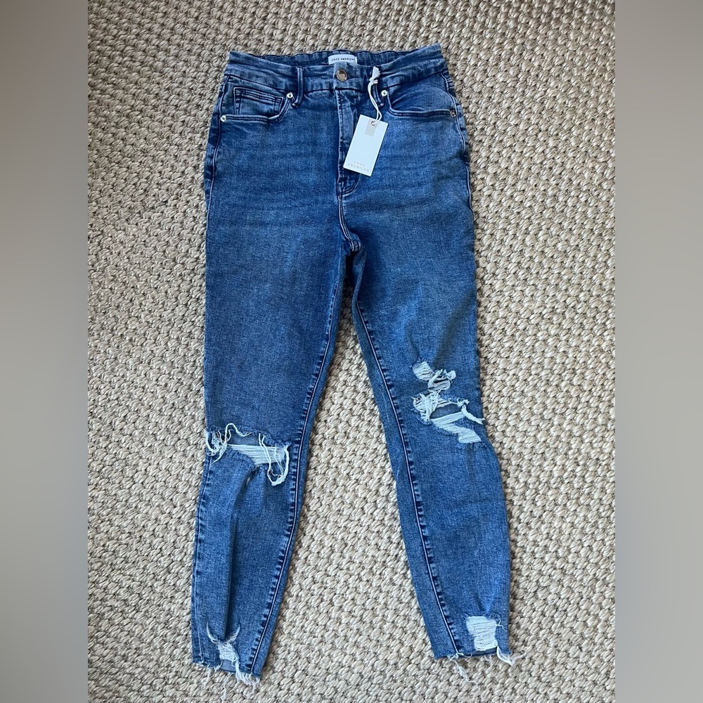 NWT Good American Good Waist Cropped Chewed Hem Skinny Jean